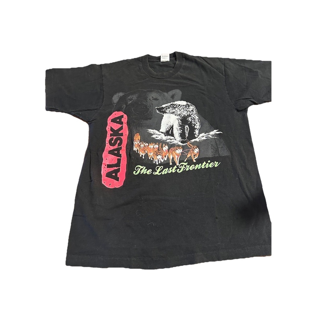 Vintage 90s ALASKA Last Frontier Bear Husky Graphic T Shirt Single Stitch Sz L